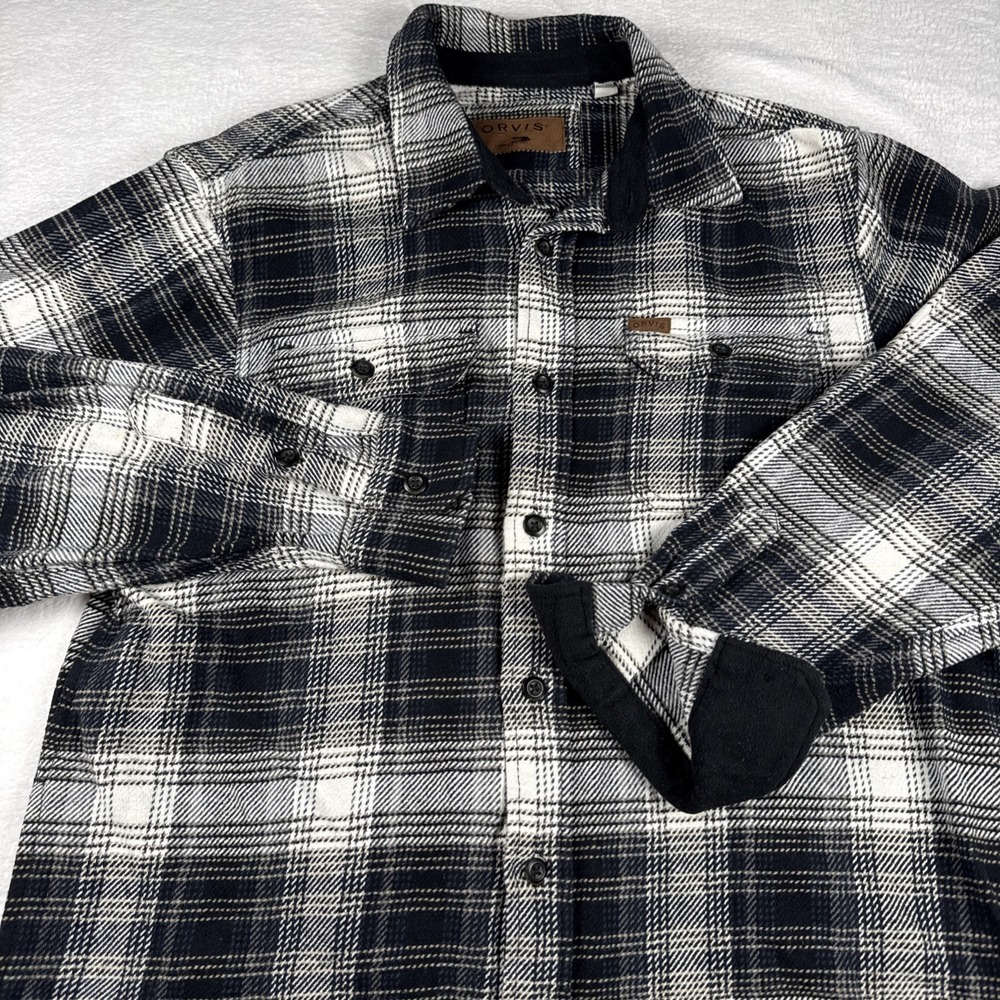 Orvis Shirt Jacket Mens Large Black Plaid Button Front Flannel Lined Pockets